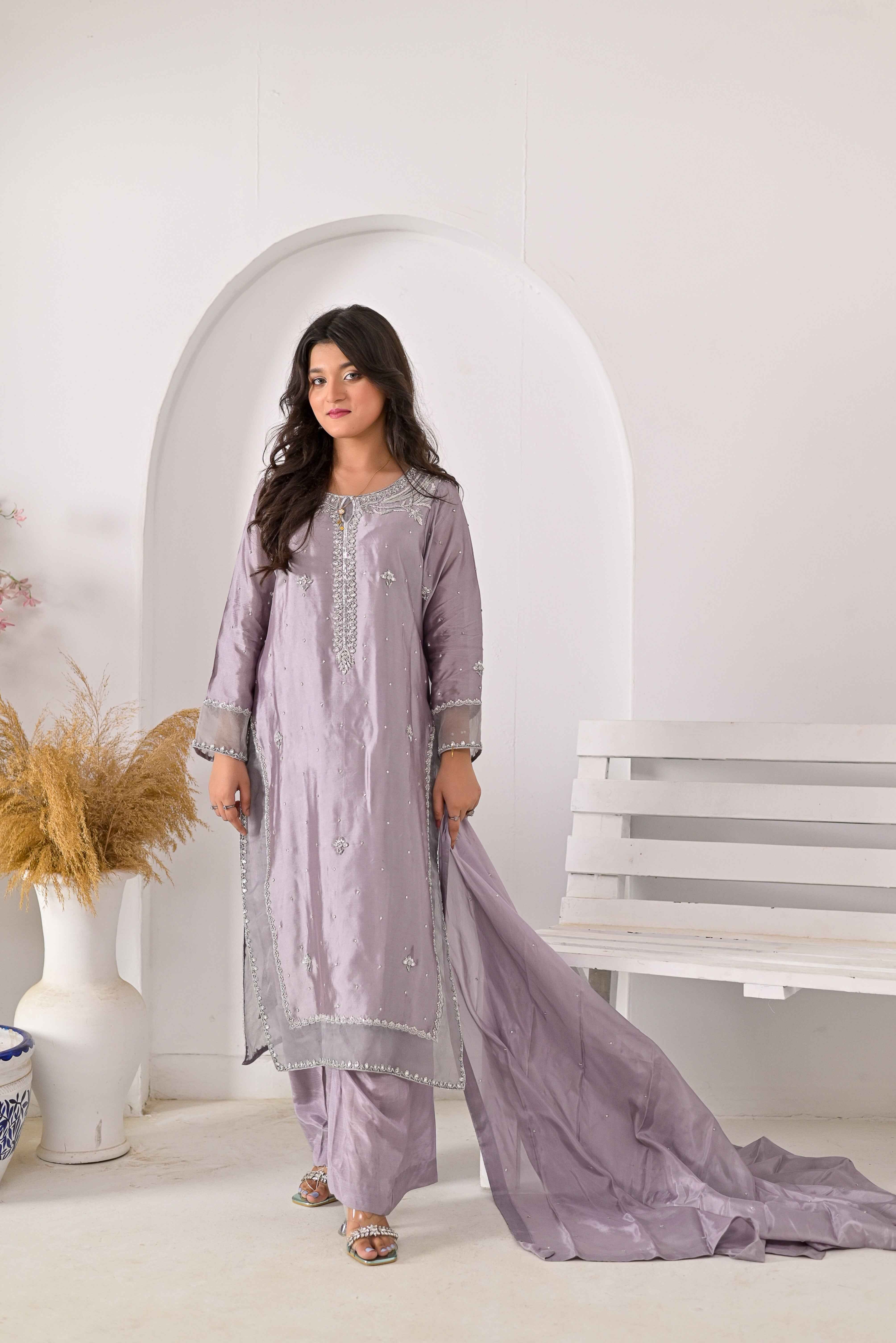 Pure Shisha Silk 3-Piece Suit – Lilac with Hand Embellishment - Bin Hussain