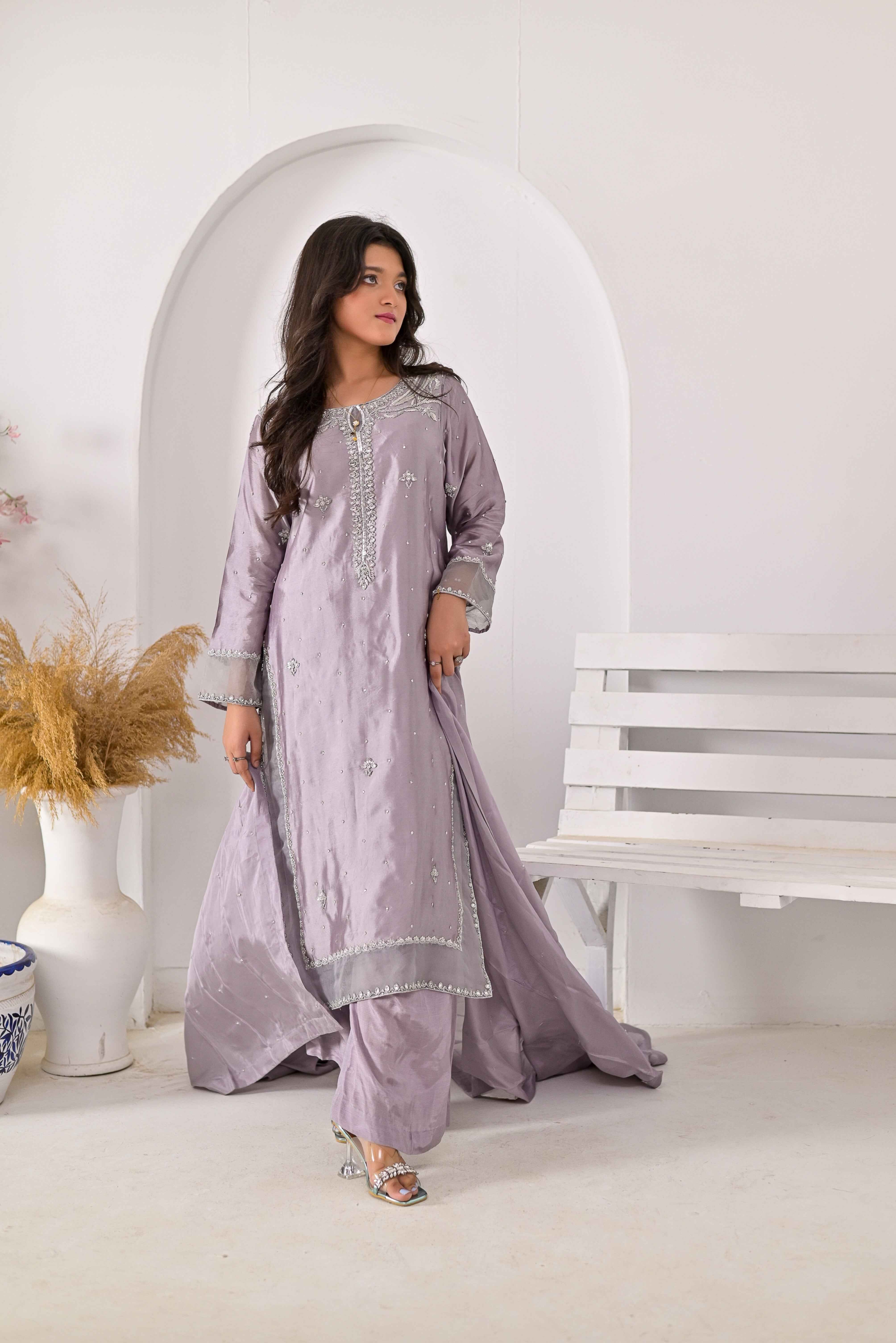 Pure Shisha Silk 3-Piece Suit – Lilac with Hand Embellishment - Bin Hussain