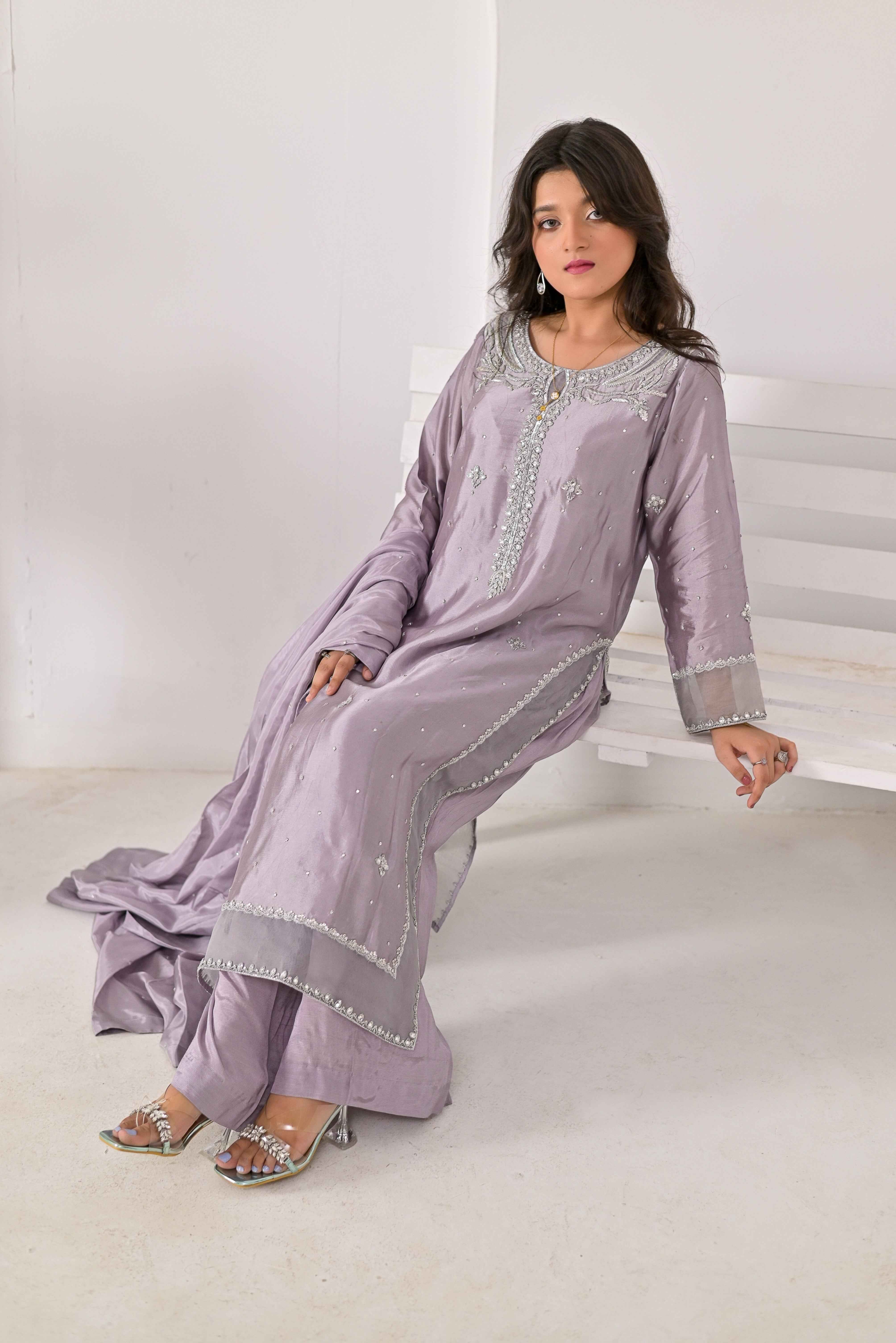 Pure Shisha Silk 3-Piece Suit – Lilac with Hand Embellishment - Bin Hussain